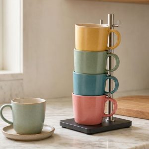Stackable Ceramic Coffee Cup Set With Metal Stand Space Saving Colorful Mugs For Kitchen Countertop Display