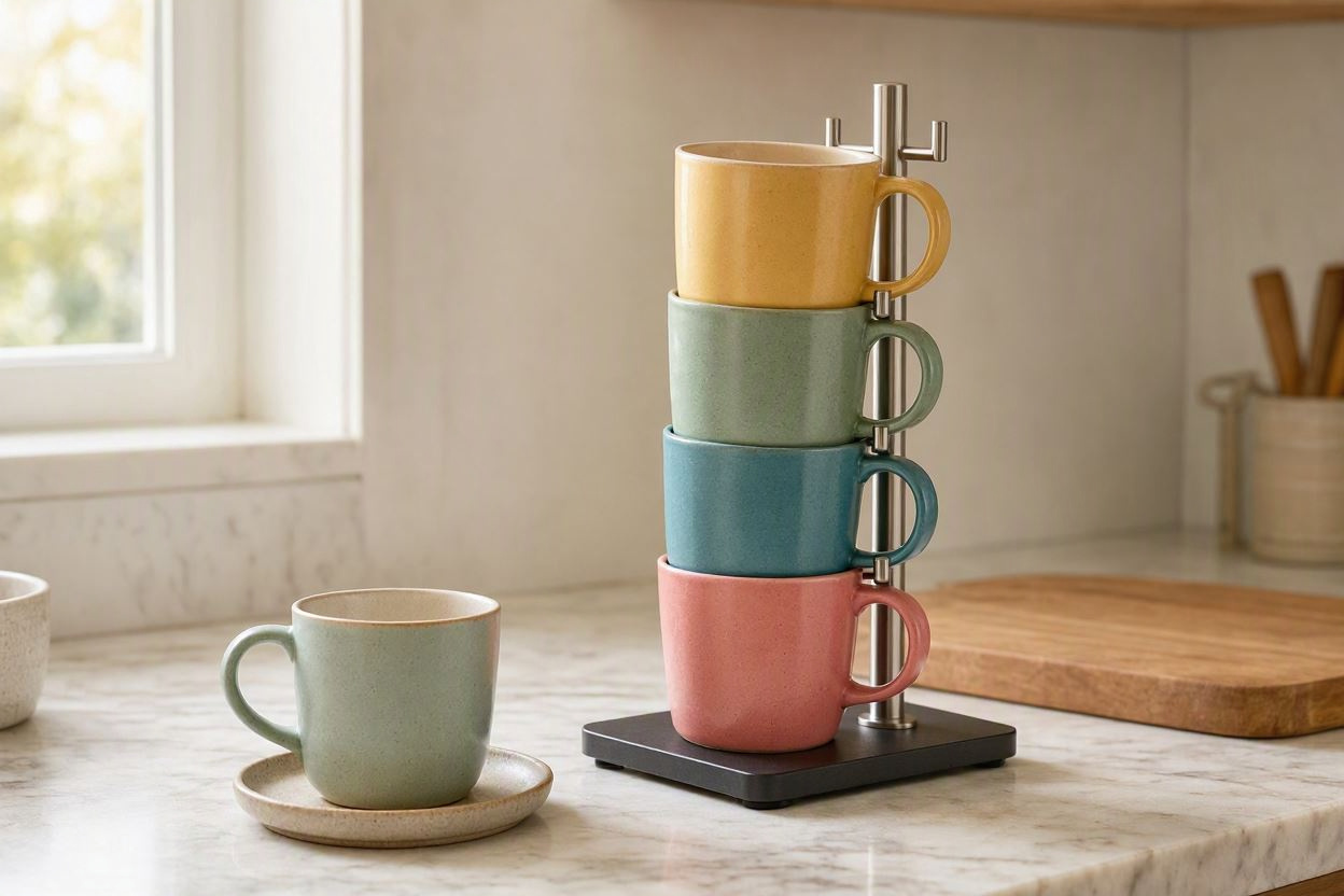 Stackable Ceramic Coffee Cup Set With Metal Stand Space Saving Colorful Mugs For Kitchen Countertop Display