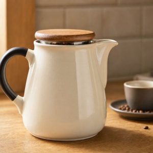 Classic Ceramic Coffee Pot With Ergonomic Handle Wooden Lid For Traditional Drip Brew Espresso Lovers