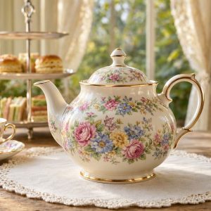 Luxury Bone China Teapot Floral Pattern Gold Trim Elegant British Afternoon Tea Party Serving Kettle