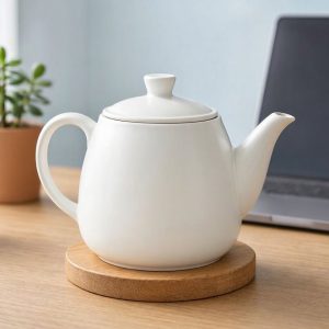 Minimalist White Ceramic Teapot Wooden Coaster Base Large Capacity Nordic Style Home Office Tea Pot