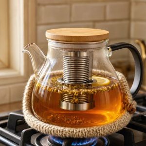Clear Glass Teapot Warm Stovetop Safe Herbal Tea Pot Bamboo Lid Cozy Removable Coil Filter Kettle