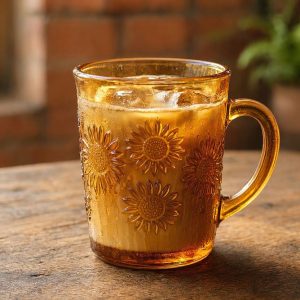Vintage Amber Glass Coffee Mug Embossed Sunflower Pattern Aesthetic Cup For Iced Latte Cold Brew Espresso