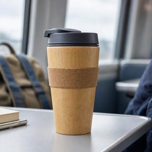 Eco Friendly Natural Bamboo Fiber Coffee Mug Spill Proof Lid Lightweight Travel Cup For Commuters Students