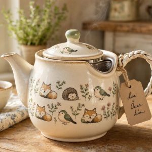Cute Animal Pattern Ceramic Teapot With Built In Strainer Whimsical Cozy Cottagecore Tea Kettle Gift