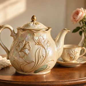 Elegant Irregular Shaped Ceramic Teapot Pearl Glaze Finish Romantic Art Nouveau Afternoon Tea Serving Kettle