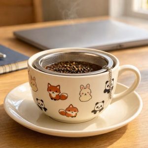 Cute Animal Pattern Ceramic Tea Cup With Infuser Strainer Filter For Loose Leaf Tea Steeping Office